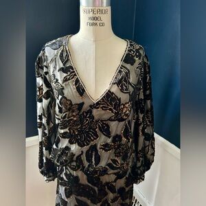 Vintage Marion Wagner black velvet and gold metallic flocked long sleeve dress